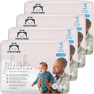 image:imageAmazon Brand  Mama Bear Plush Protection Diapers Keeps Baby Dry Skin Safe Leakproof Size Newborn 32 Count Hypoallergenic Premium Disposable Baby Diapers White and Cloud DreamsSize 3 160 Count